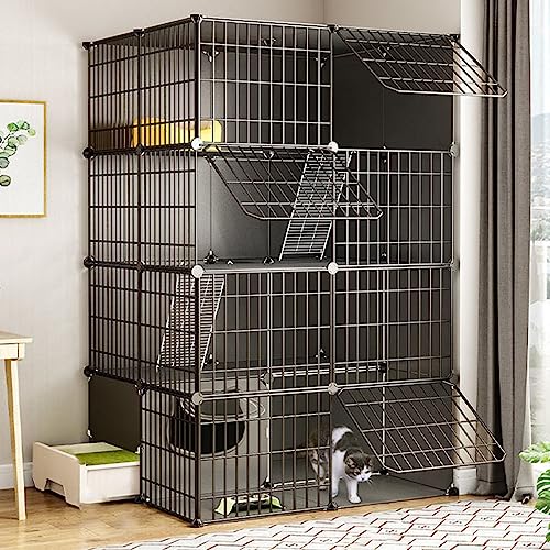 猫ケージ 屋内 大型 DIY 屋内 ペット ホーム 取り外し可能な猫用プレイペン 猫用コンドミニアム、取り外し可能な金属製ケンネル 猫用囲い トイレとプラットフォーム付き(Black-37.4)