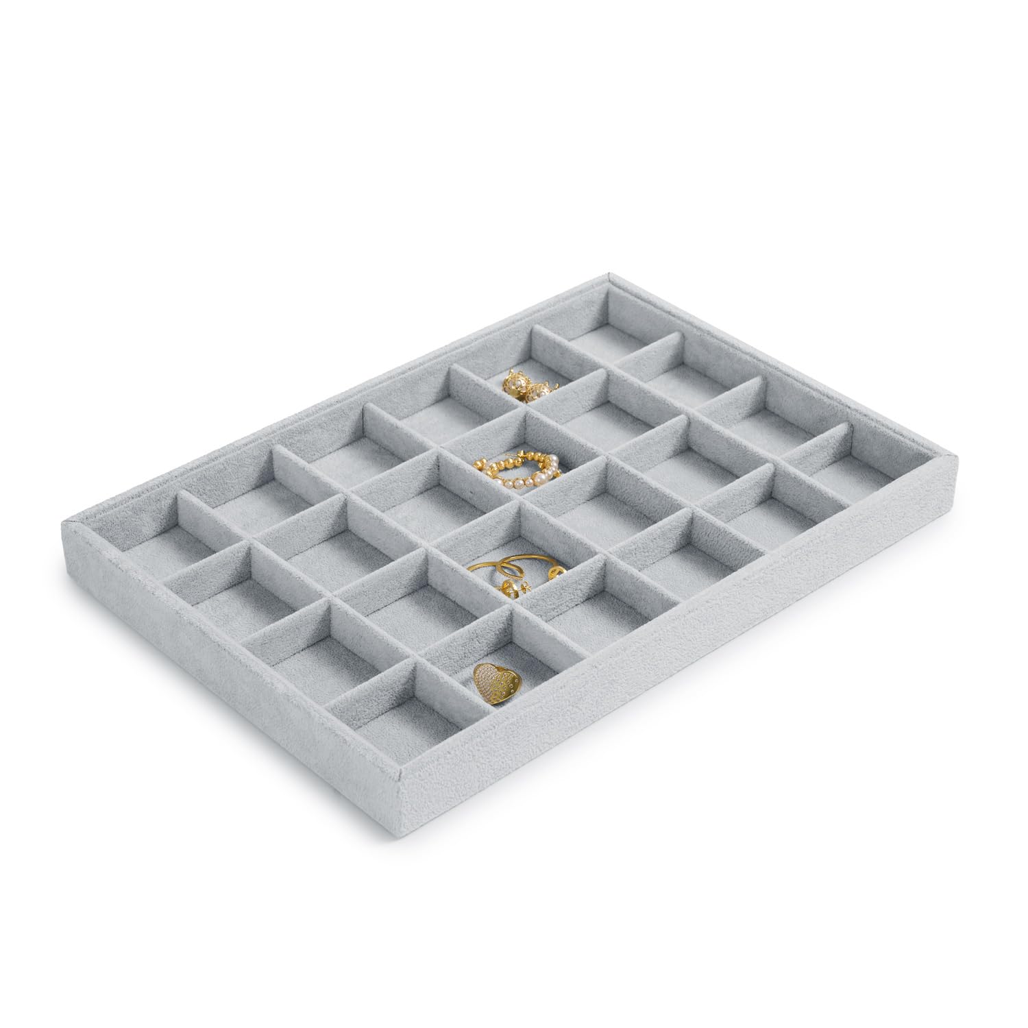 bandeja de terciopelo apilable para joyas, cajón para guardar joyas bandeja organizadora 24 compartimentos expositor de joyas para pendientes anillo (Gris)
