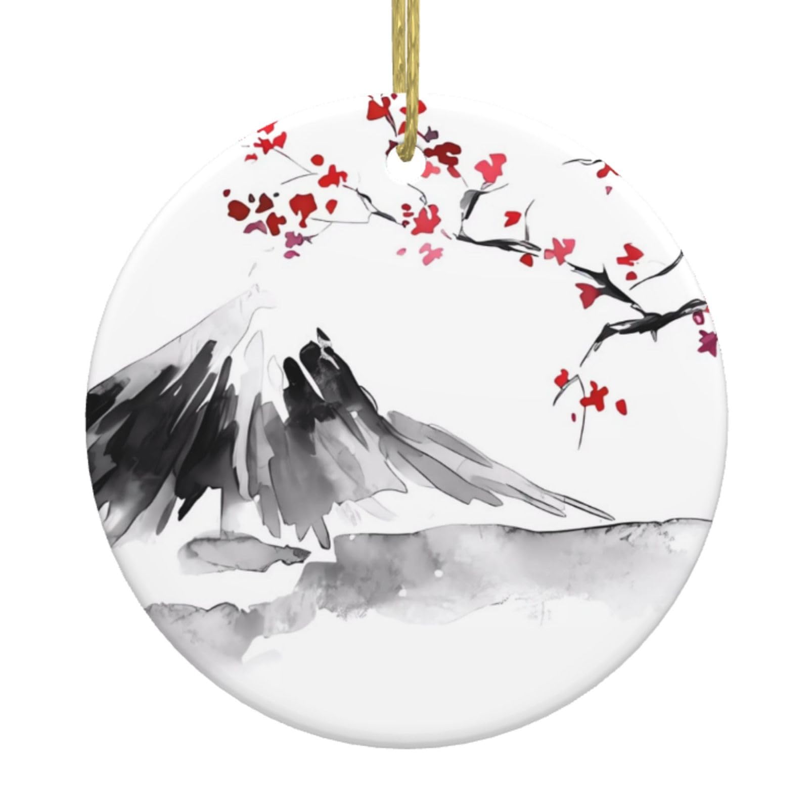 Orcow White Japanese Mount Red Sun Print Personalised Christmas Bauble, Ceramic Round Christmas Hanging Ornament, Christmas Tree Decoration For Boyfriend Girlfriend Wife Xmas Gifts