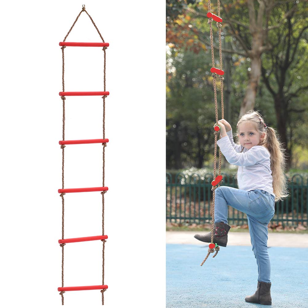 6.6Ft Climbing Rope Ladder for Outdoor Swing Set 5 Step Climbing Net Game for Kids & Adults Backyard Playground Tree House Ninja Ladder Weight Capacity 330 Lbs,Red