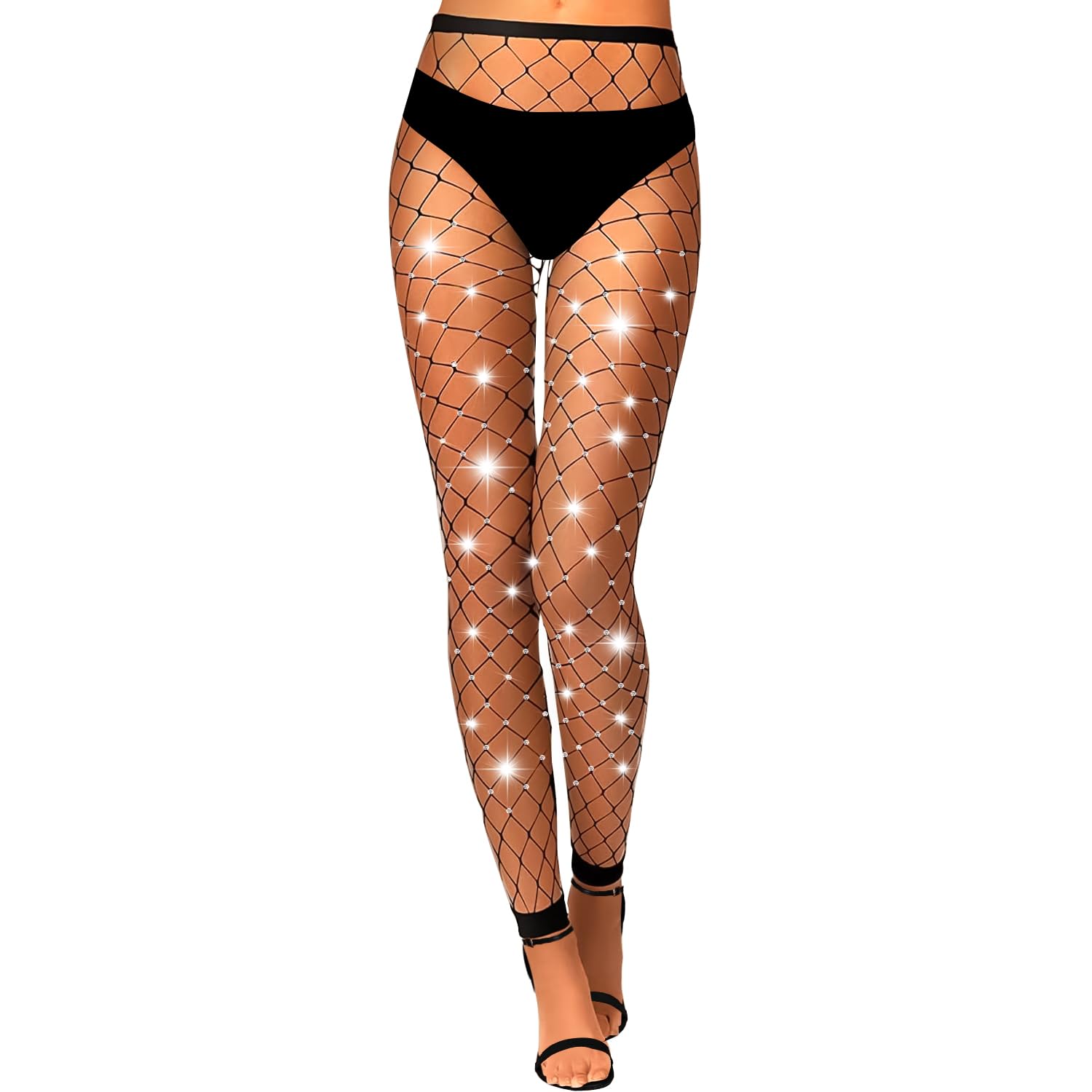 K BKVAVA Women's Sparkly Footless Fishnet Tights Rhinestone Toeless Fishnets,Large Net,Black