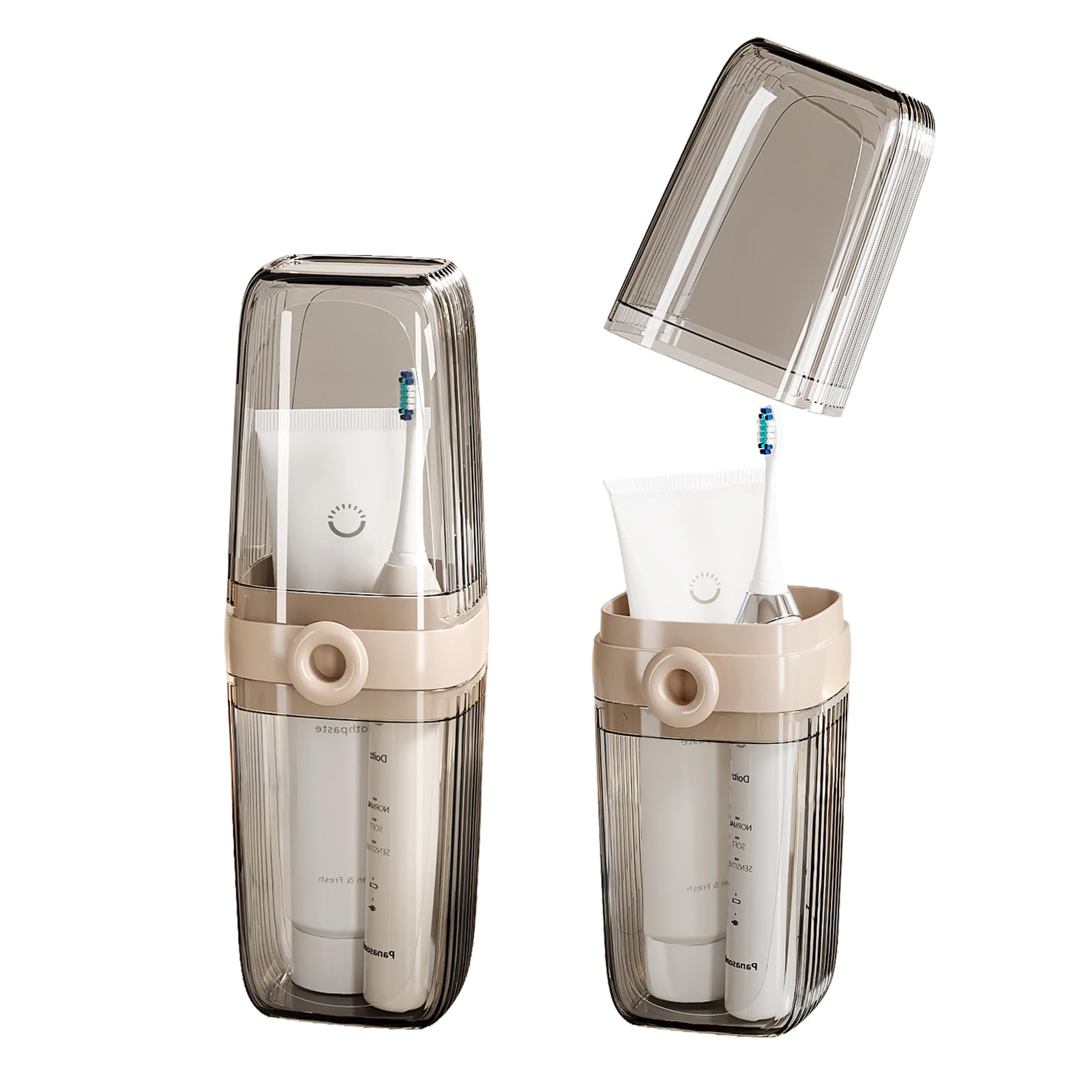 SHOTAY Travel Toothbrush Case, 2 in 1 Dustproof Toothbrush Cover and Rinse Cup, Large Capacity Toothbrush Cup, Portable Storage Container for Business, Camping, School, Trip, Beige&Clear