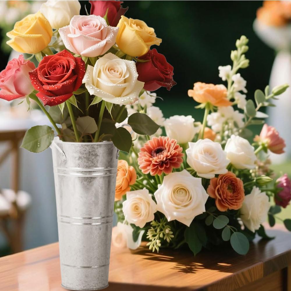 8 Pcs 10 Inch Galvanized Metal Vase, Farmhouse Decorative Flower Buckets for Cut Flowers, French Country Decorative Vases for Home Table Wedding Birthday (Sliver)