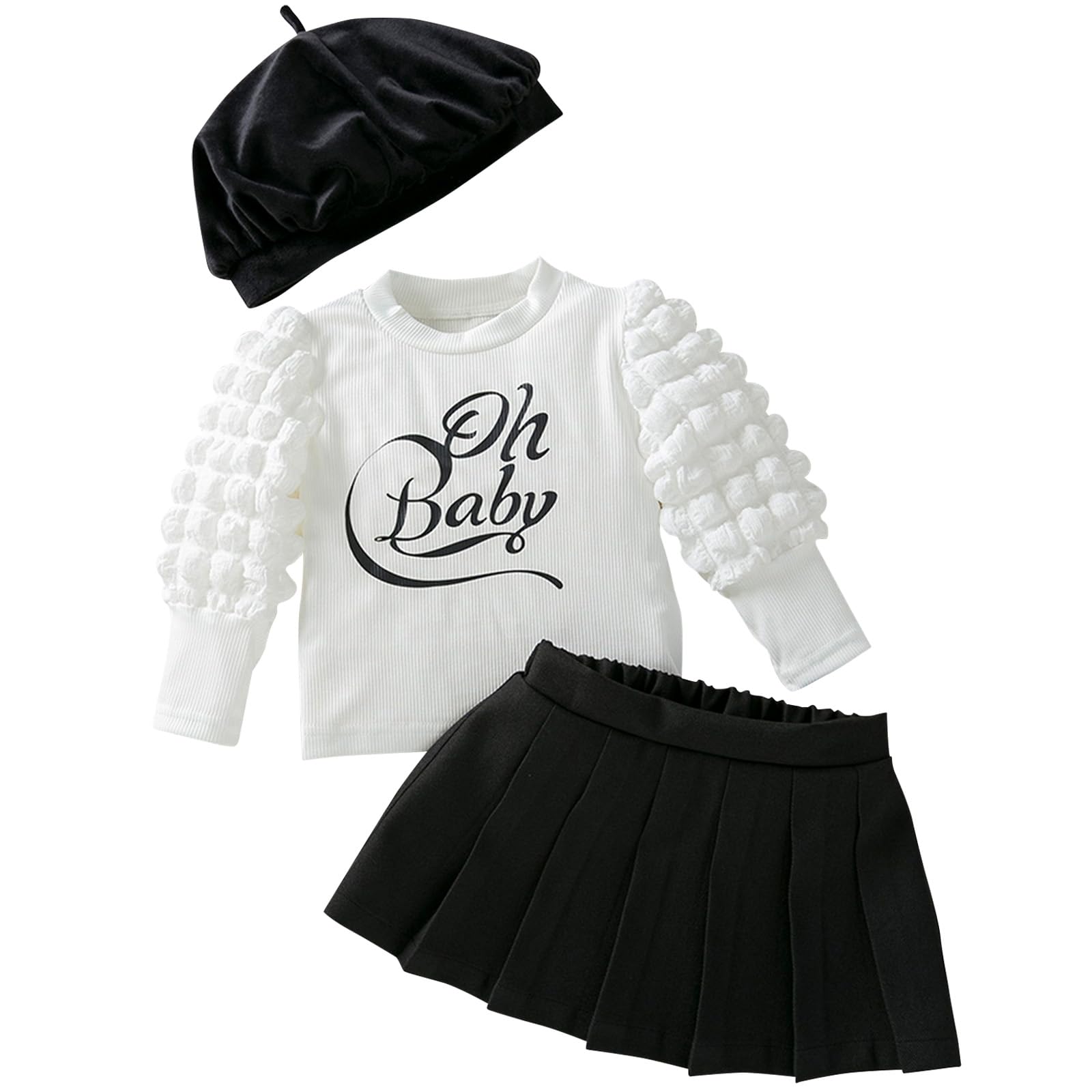 Winmany Toddler Girls Fall Outfits 3PCS Infant Spring Puff Sleeve Top Mini Skirt Clothes Set with Beret Hat (9-12M)