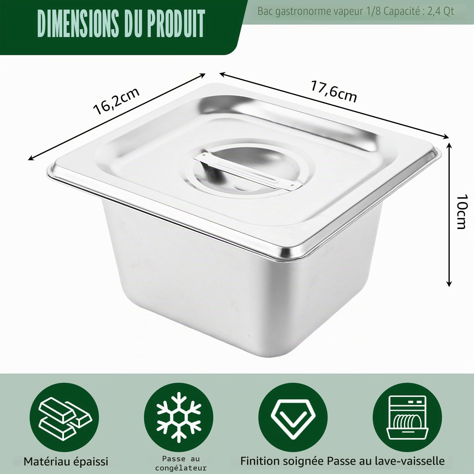 DAJAVE Lot de 4 Conteneurs GN en Acier Inoxydable avec Couvercles, Ensemble de Paniers de Cuisine, Taille 1/9, Profondeur 10 cm