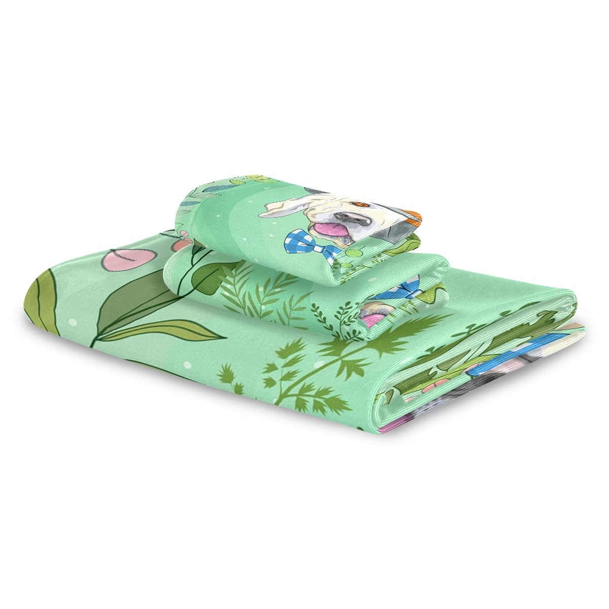 Cachorro De Perro Verde Juego de Toallas para Baño Playa 100% Algodón de Piscina Toalla (1 Toalla de Baño y 1 Toalla de Mano y 1 Paño de Lavado) para Nadar Hotel Niñas Niños Niños