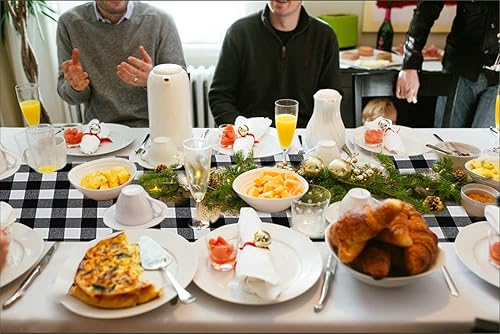 Miniatura 6 de Senneny Buffalo - Camino de mesa, de algodón, a cuadros blancos y negros, diseño clásico y elegante para la cena familiar, Navidad, día festivo,