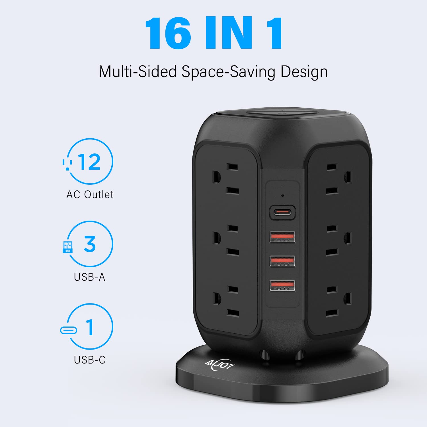 Power Strip Tower with USB Ports-AiJoy Surge Protector with 12 AC Outlet and 4 USB Ports, 10 Ft Extension Cord with Multiple Outlets, Charging Station with Overload Protection, for Home Office Dorm — Amazon image 2