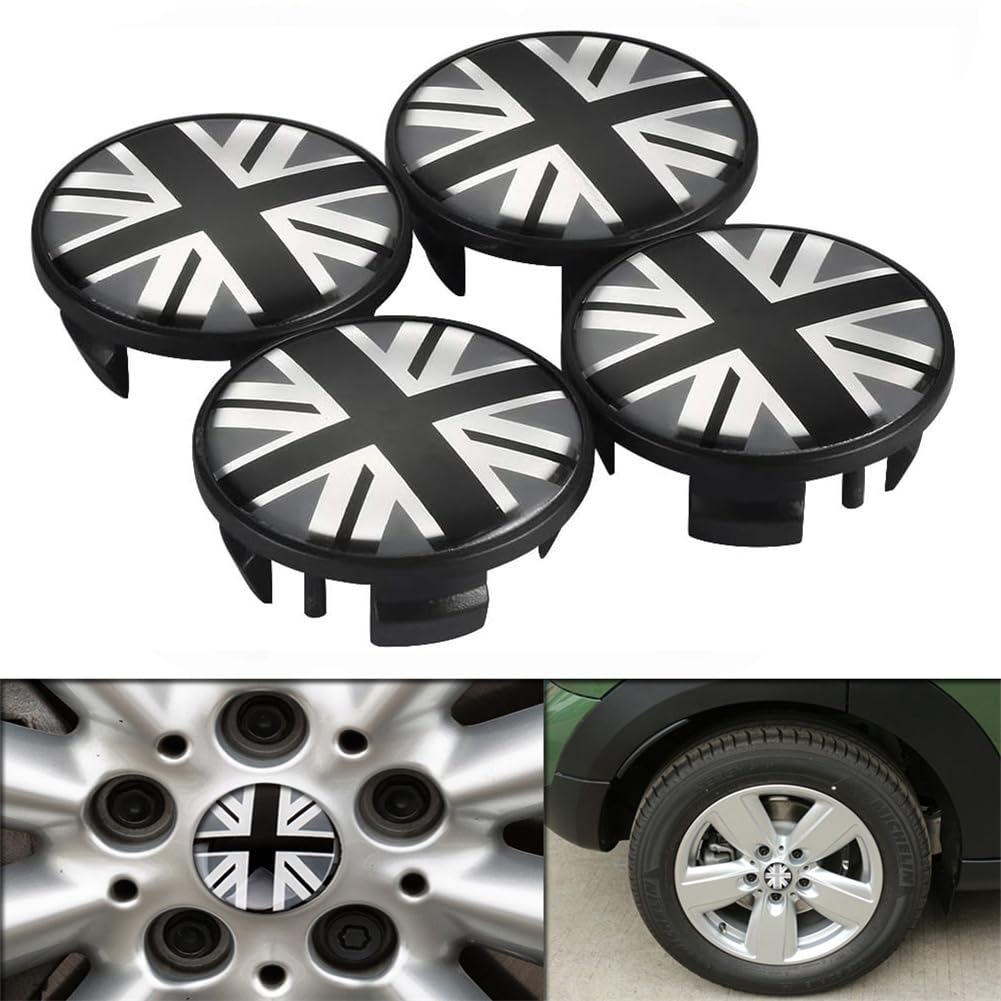 4PCS UK Flag Emblem Wheel Center Hub Caps, 54mm UK Flag Wheel Center Cap Wheel Hub Cover Replacements for Mini Cooper Styling Accessories - Black/White