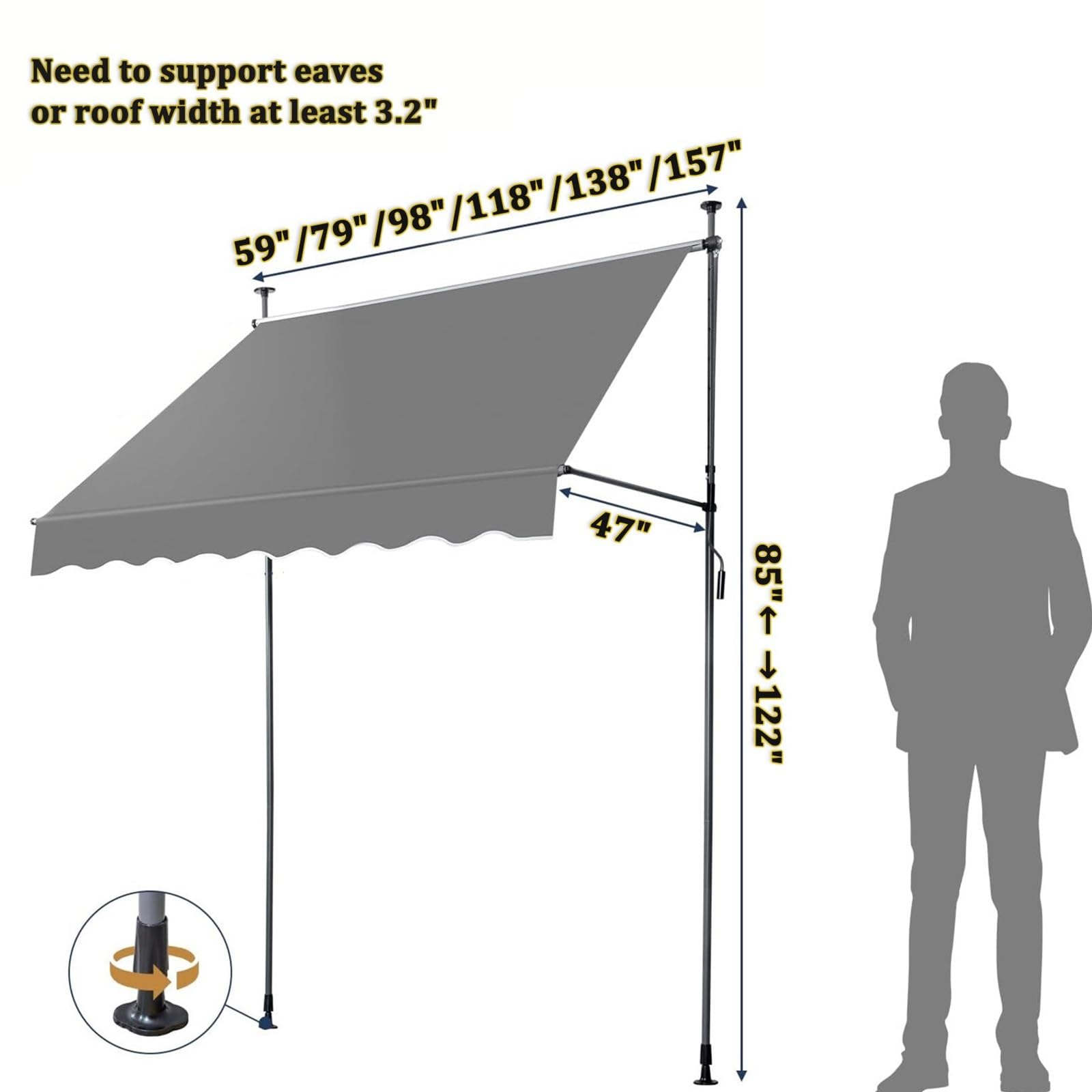 Klemmmarkise Balkon 200x120cm Markise Einziehbar mit Handkurbel, UV-beständig Sonnenmarkise, ohne Bohren für Balkon Garten Terrasse, 300x120cm(Dark Green,79x47in)