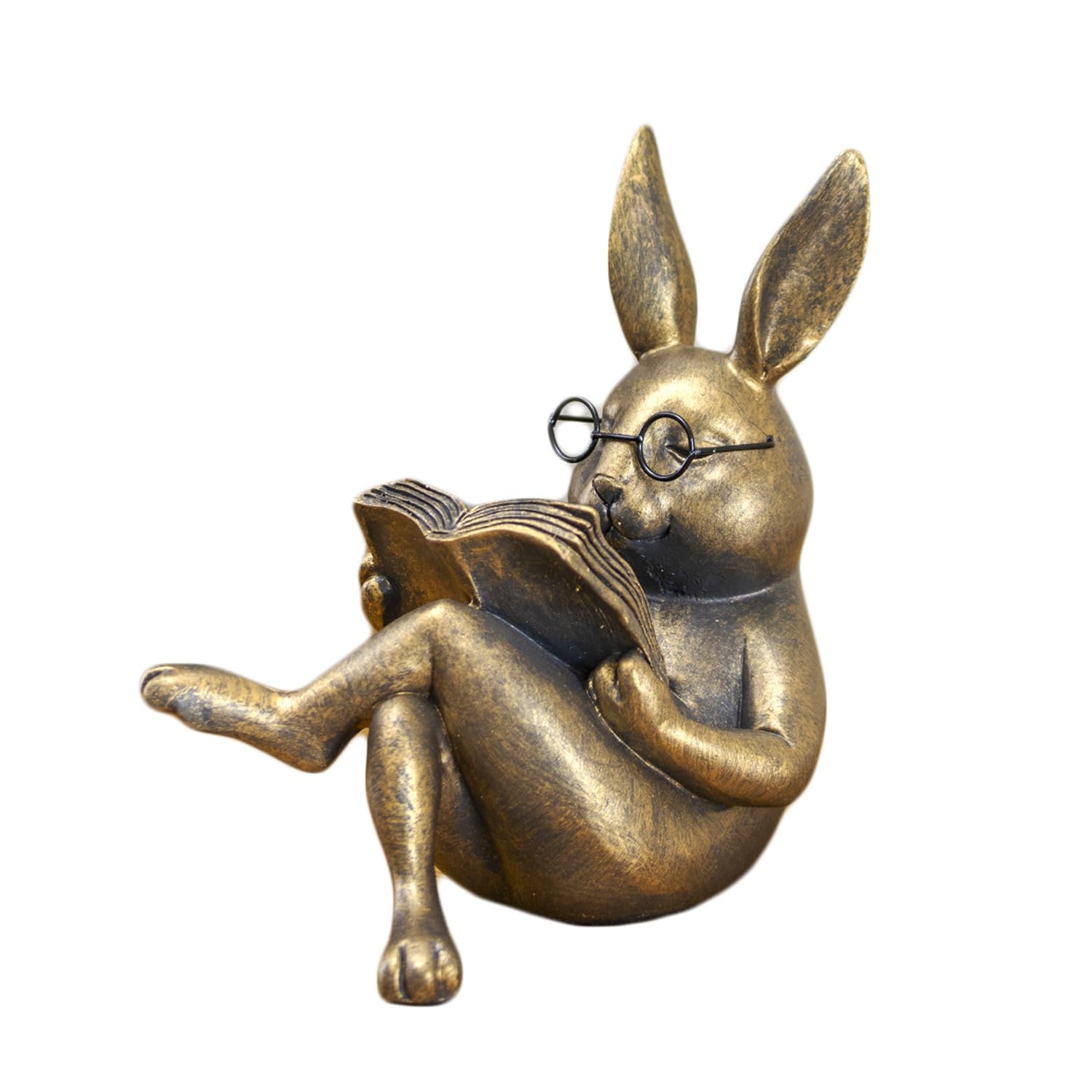 Darthome Reading Rabbit Ornament, Resin, Distressed Gold Finish, Book Lover Bunny Figurine for Shelves and Desks