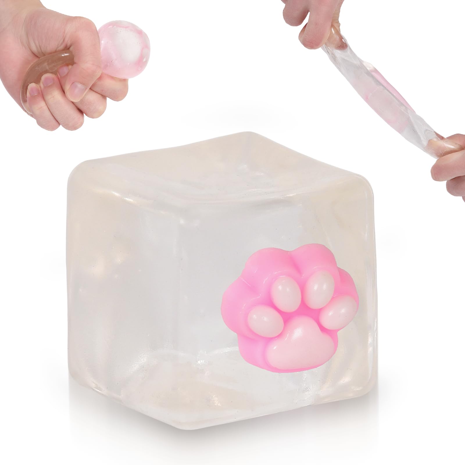 Ssqauvig Cat Paw Ice Cube Squishy,Medium 1.98 Inch Stress Cube Squeeze Toy,Soft Slow Rebound Squishy Cube for Stress Relief,Sensory Fidget Toys for Anxiety for Kids (1, Transparent Pink cat paw)