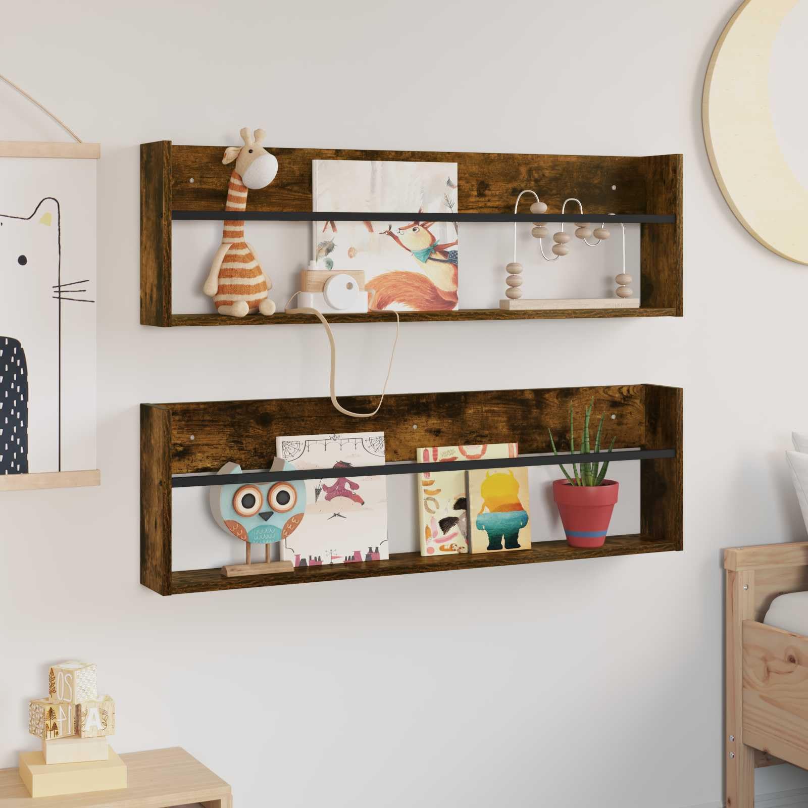 Magazinregal 2 Stück in Geräucherter Eiche aus Holzwerkstoff 100 x 12 x 30 cm mit Wandmontage, vielseitiger Zeitschriftenhalter für Wohnzimmer, Büro und Leseecke
