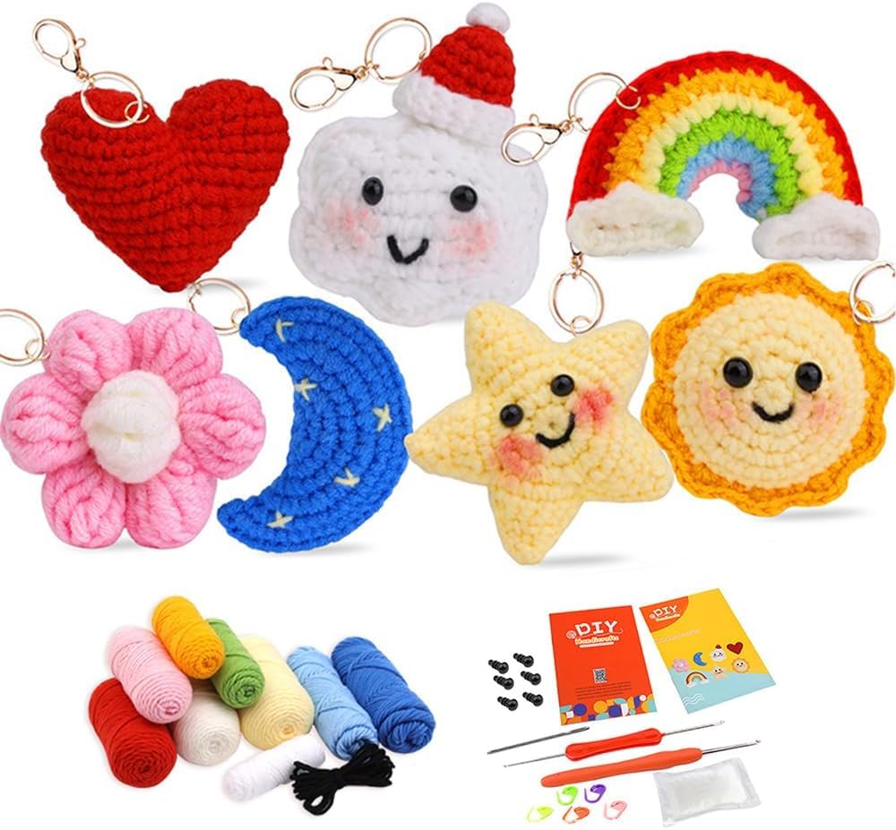 TREXEE DIY Crochet Kit Knitting Crochet Kit for Beginners, Craft Knitted Starter Kit with Step-by-Step Video Tutorials, Learn to Crochet Kits for Adults and Kids (Sun/Star/Rainbow/Moon/Clouds/Love/Flowers) 7 Pieces-image-10