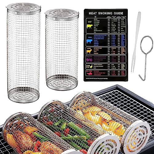 2 Stück Zylindrischer Grillkorb Edelstahl,Rolling Grillkorb Zylinder,BBQ Rolling Grillkorb,Grillrolle Grill Korb,Grillhalter Grill Korb,Camping Essentials Grillzubehör,BBQ Zylindrischer Grillkorb