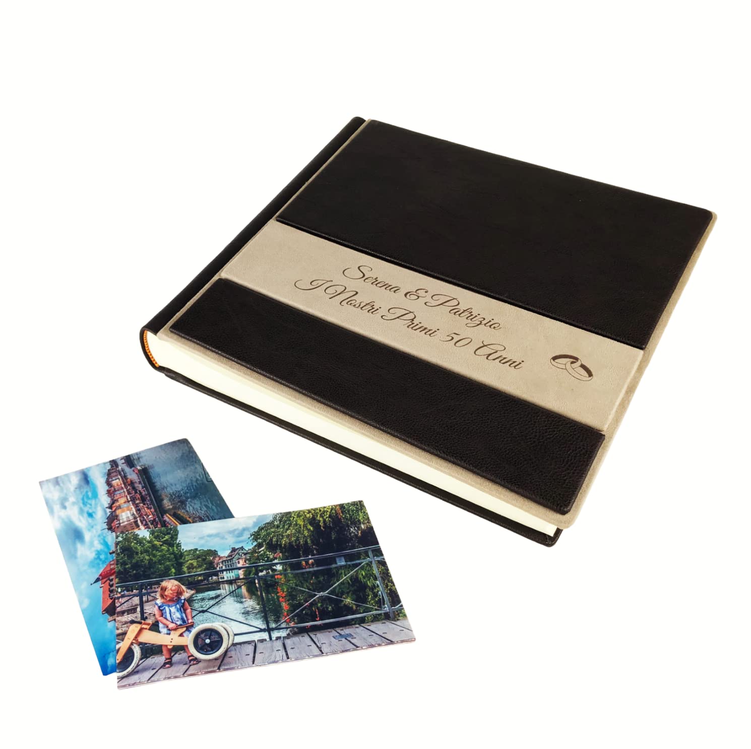 TriVin Art Album Fotografico Artigianale in Alcantara e Similpelle, Personalizzabile con Incisione. Ideale per Qualsiasi Evento. (Marrone Scuro/Avorio)