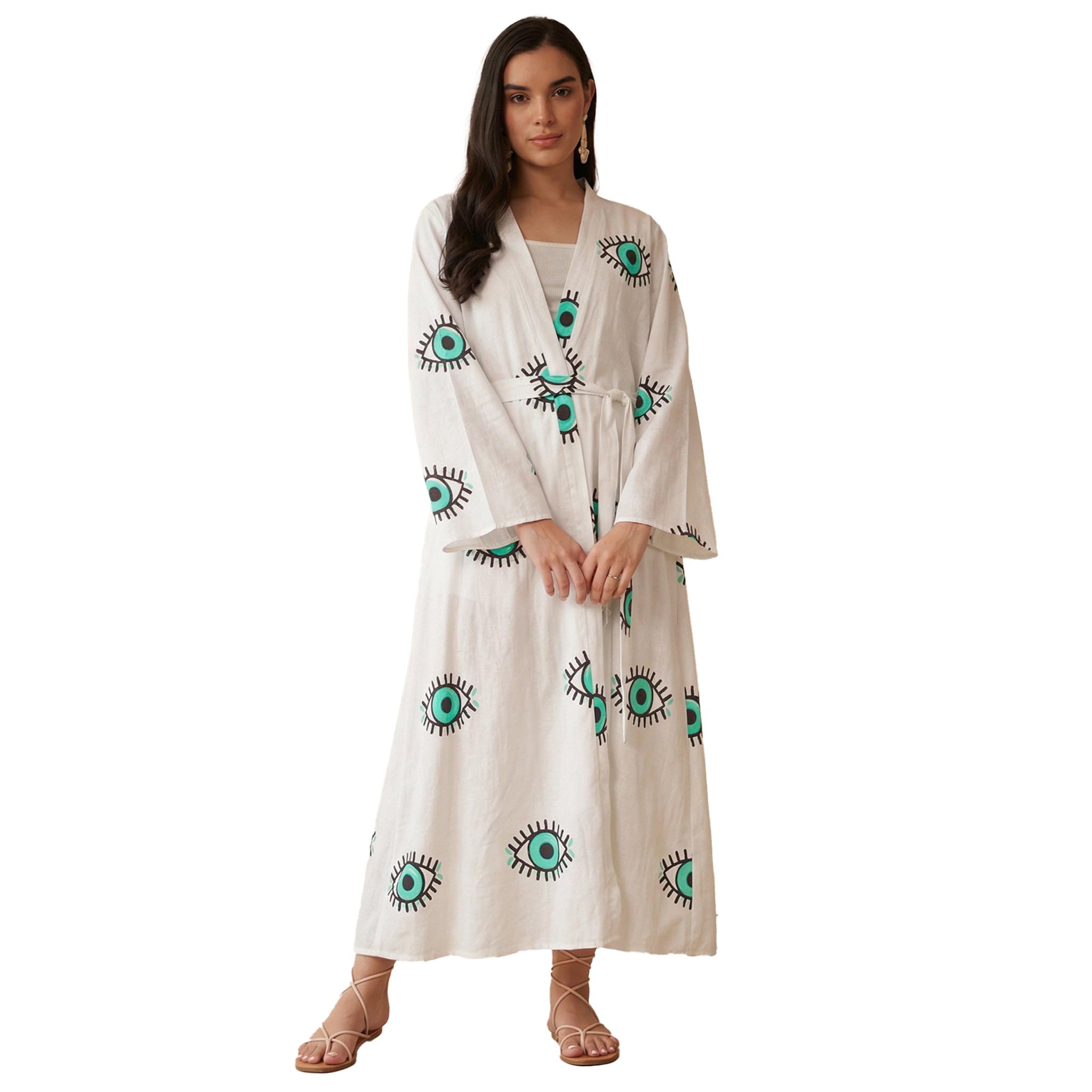 White and Cyan Evil Eye Cotton Long Cover-Up with Embroidered Patch and Belt (X-Small)-image-42