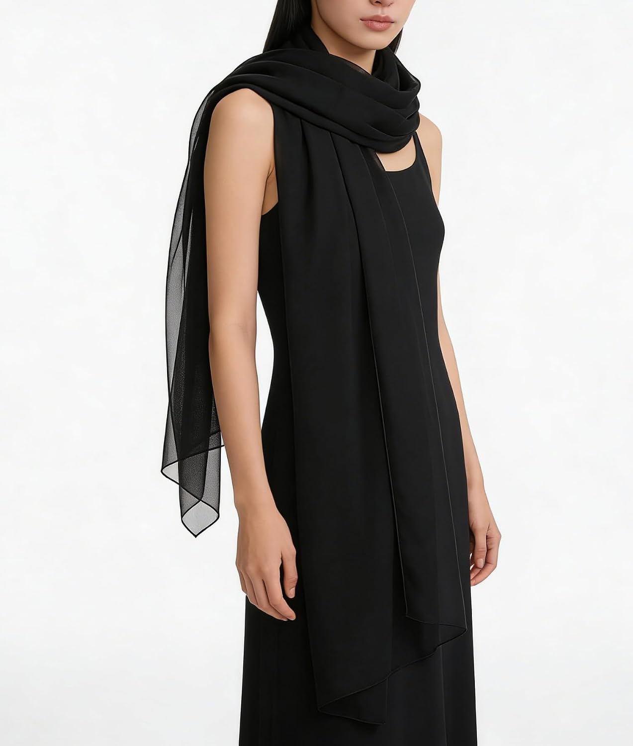 Sheer-Silk-Like-Scarf for Women Black Long Scarf Chiffon Shawl Wrap for Evening Dresses Wedding Party Dress Accessory