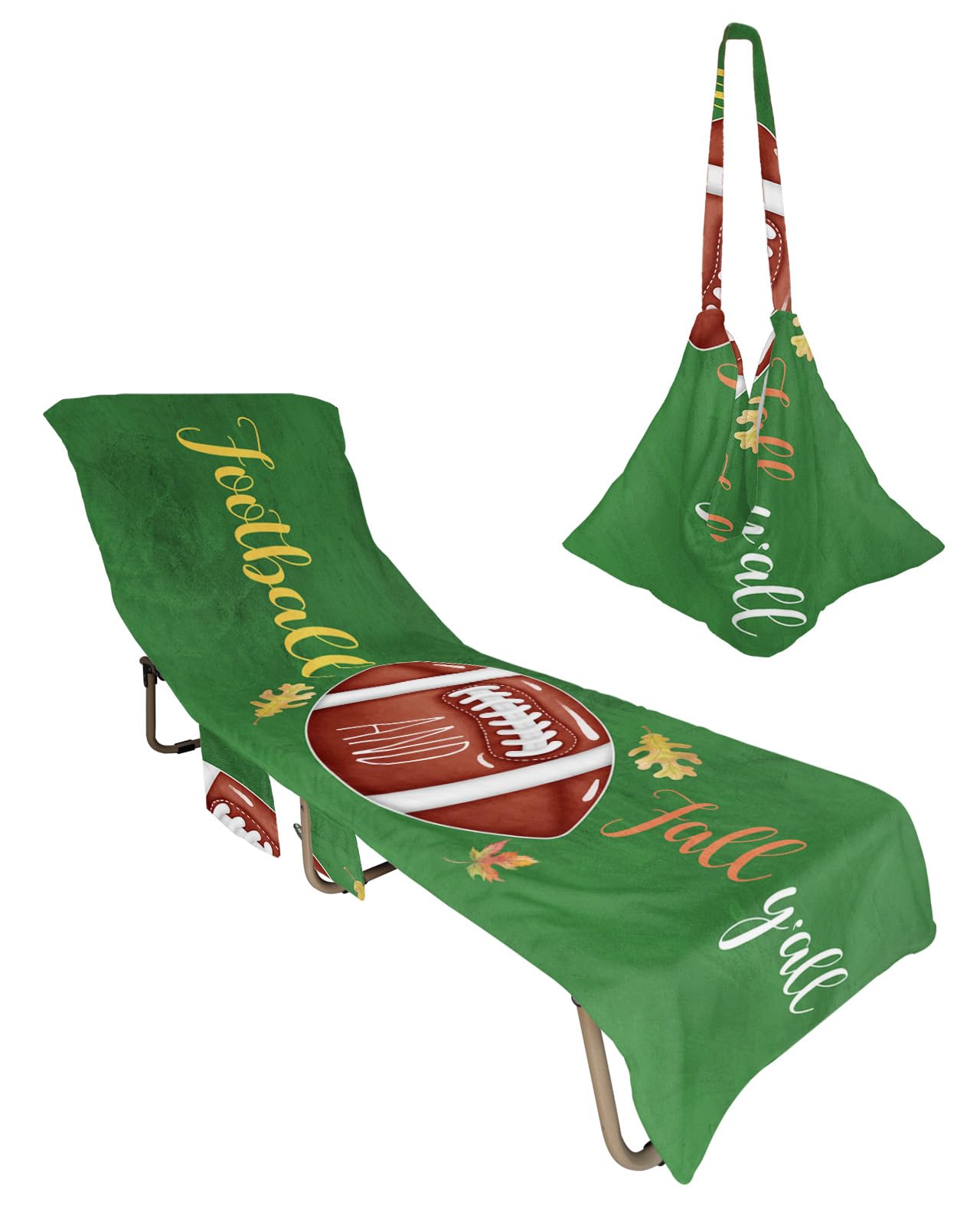 Fall Y'all Football Beach Lounge Chair Towel Cover, Soft Chaise Lounge Towel with Side Pockets Patio Pool Chairs Cover for Beach/Pool Sunbathing 29x85 Autumn Maple Leaf Green