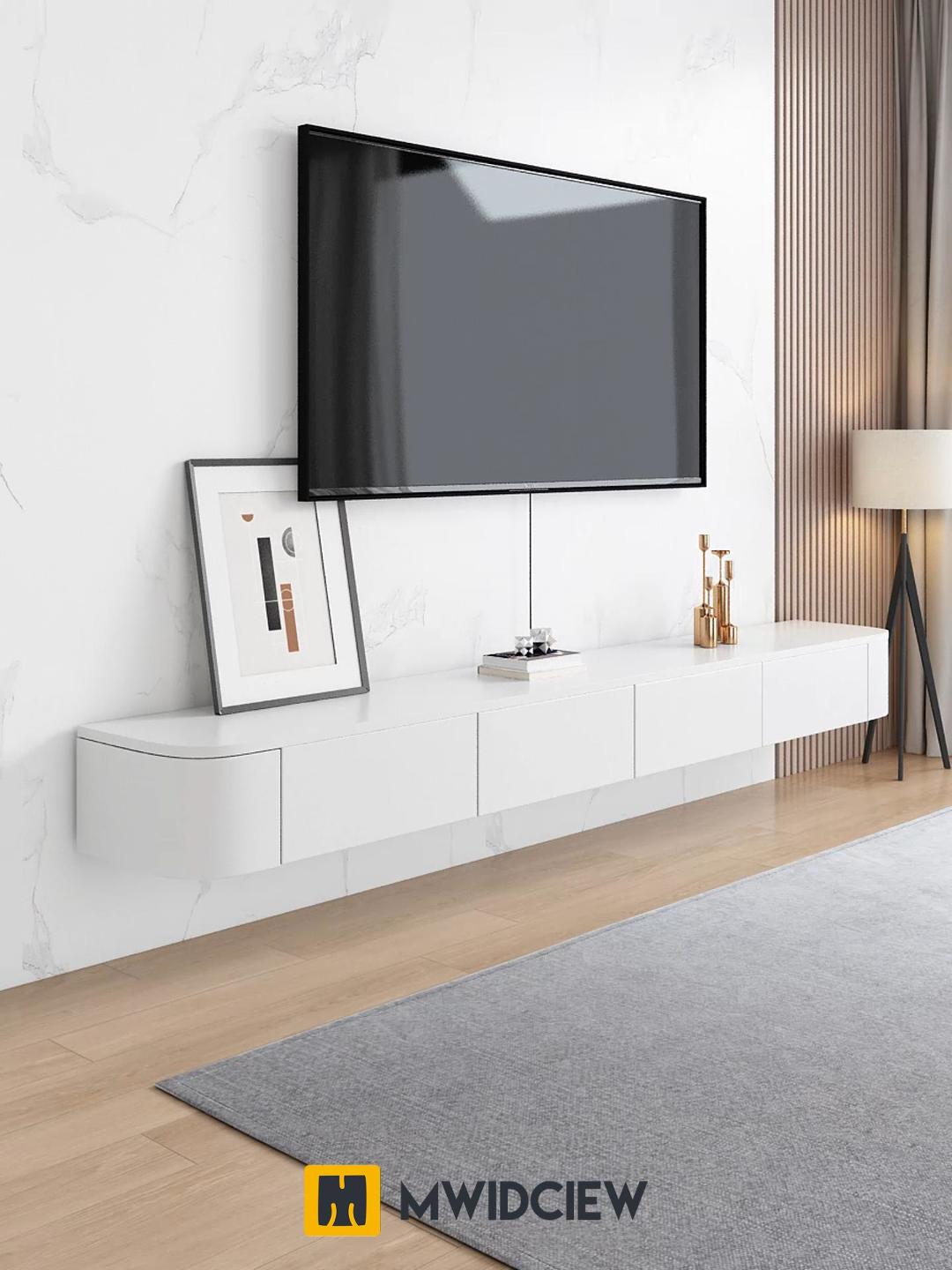 Meuble TV Suspendu Blanc 180cm - Meuble Télé Murale Moderne - Pré-assemblé - Rangement Câbles Intégré - Pour Salon Et Chambre