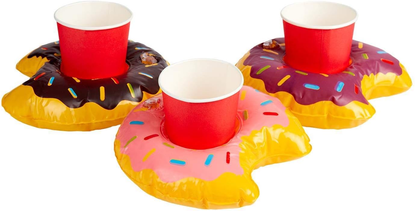 Smiffys Inflatable Donut Drink Holder Ring, Assorted 3pcs, 20cm/8in, Hawaiian Luau Fancy Dress, Food/Drink Dress Up Accessories