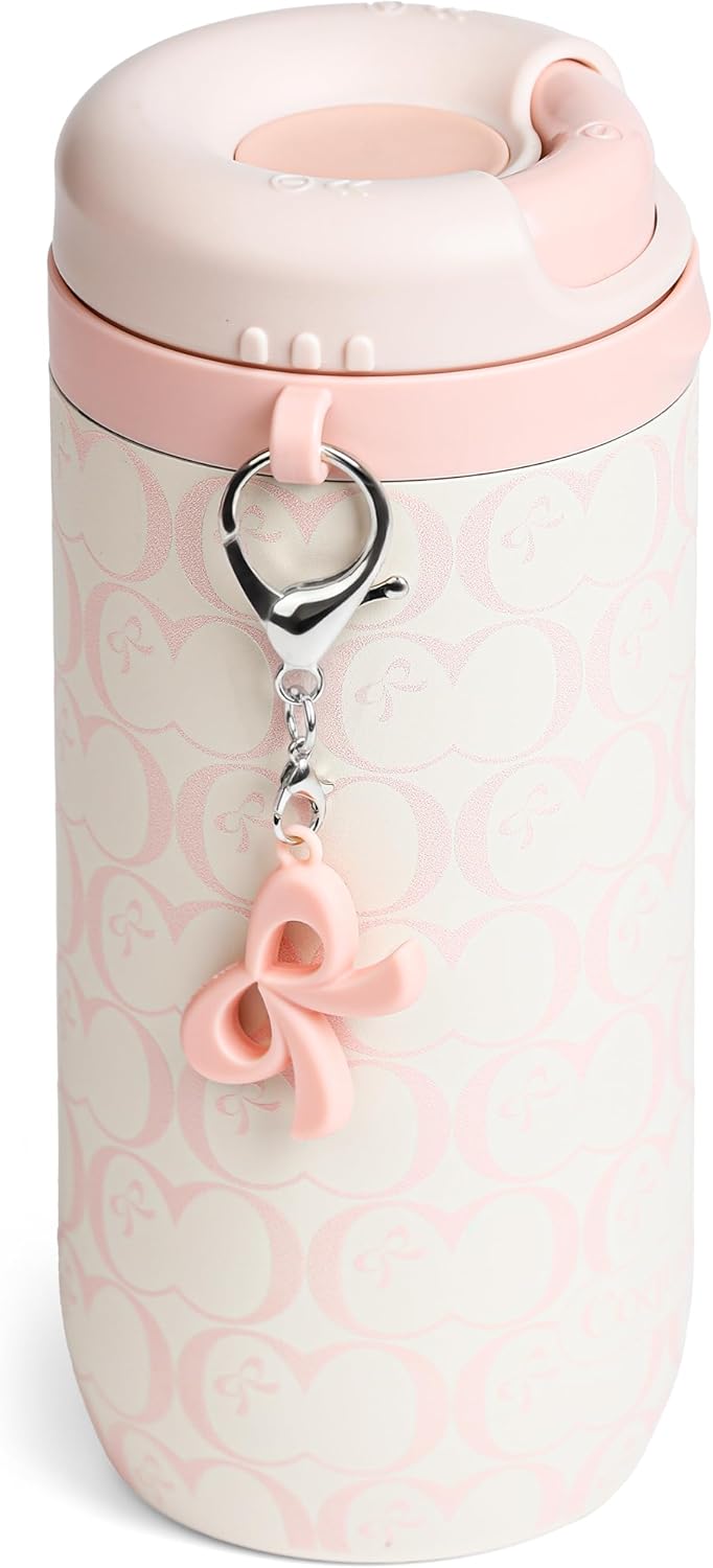 15 oz Stainless Steel Coffee Tumbler with Twist-Open Lid, Insulated Travel Mug for Iced Coffee Cold Brew and Warm Beverages, Leakproof, BPA-Free, Cup Holder Friendly, Bow Charm, Blush Pink