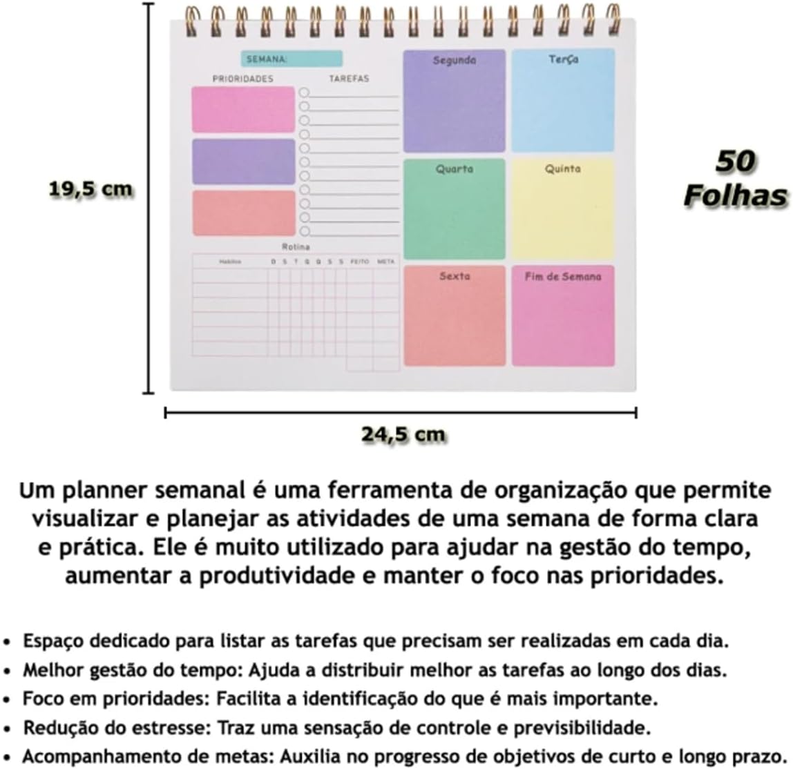 Planner Planejamento Semanal com 50 Folhas - Capa de Acetato e aramado - Anotações, Tarefas, Prioridades e Rotina.