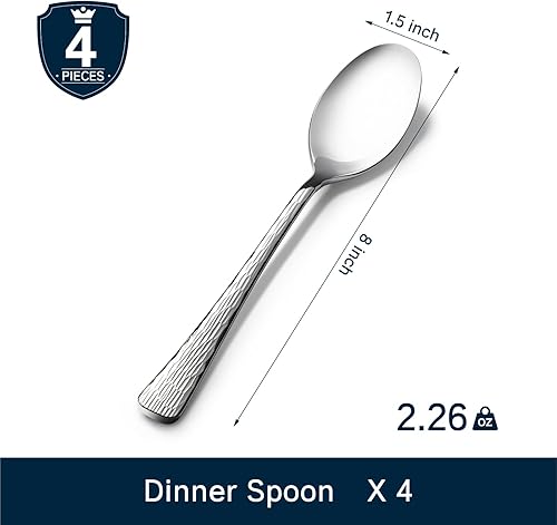 Miniatura 2 de KINGSTONE Juego de 4 cucharas de cena de acero inoxidable 1810, cucharas de metal martillado de 8 pulgadas para el hogar, cocina o restaurante, no