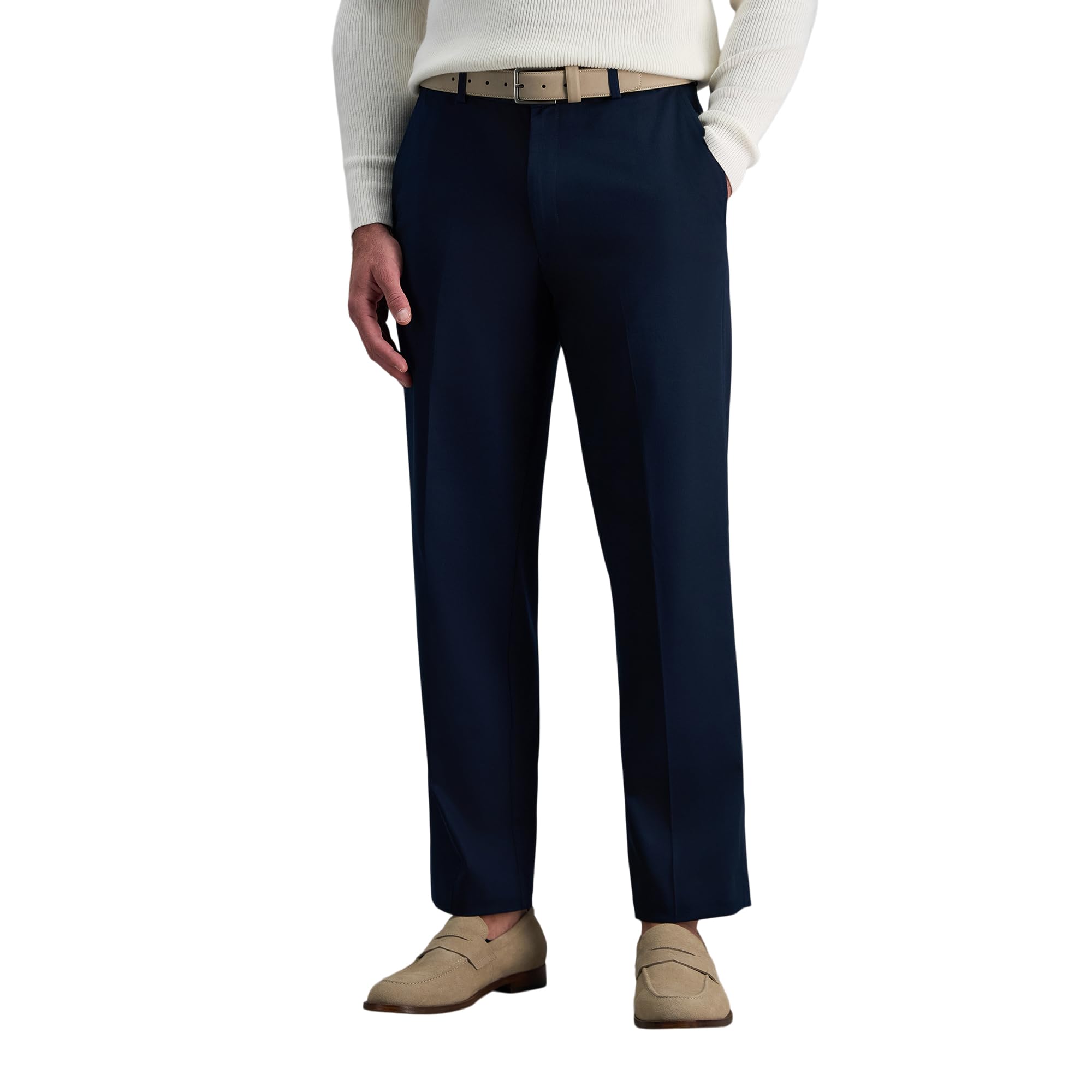 Haggar Mens Non Iron Expandable Plain Front Trousers, Dark Navy Blue, 42W x 29L