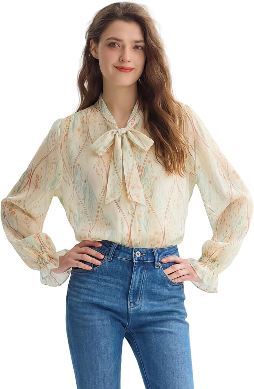 100% Silk Blouses for Women Bow Tie Neck Button Down Shirts Long Sleeve Ruffle Sleeves Trendy Spring Fall Work Tops