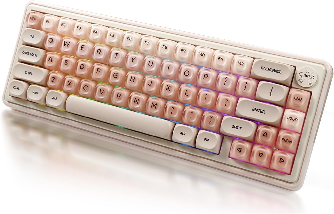 65% Mechanical Keyboard Wireless - 3 Modes 67 Keys Compact Pink Keyboard, Hot-Swap Socket, 5 Layer Padding, Creamy Gasket, Backlit RGB Keyboards Matte Crystalsi Keycaps