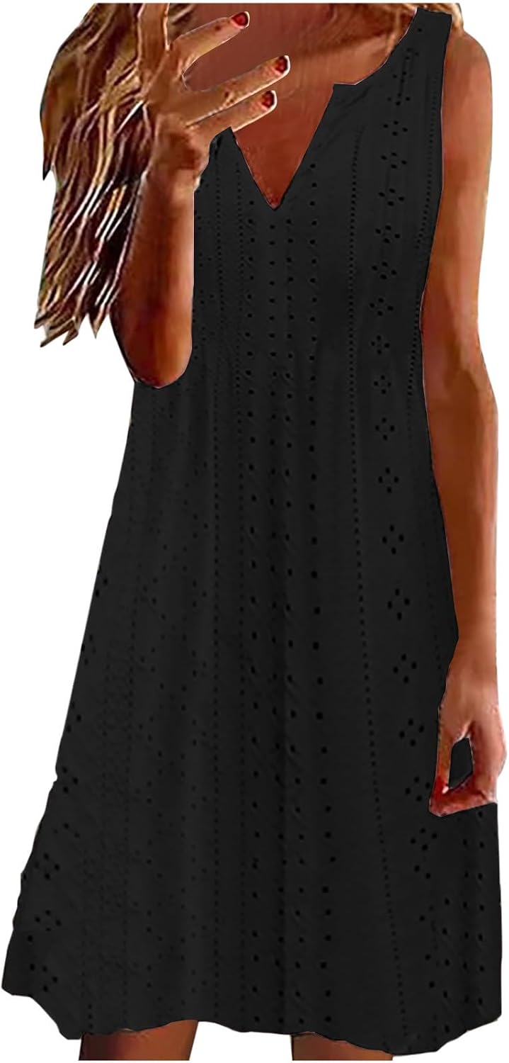 Women V Neck Eyelet Dresses Summer Casual Sundress Solid Sleeveless Knee Length Dress Tank Tunic Sun