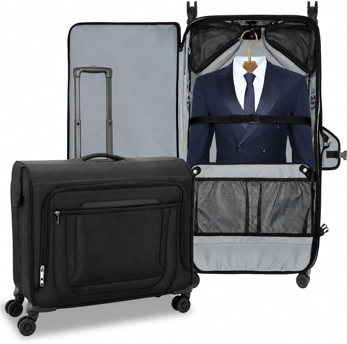 Large Rolling Garment Bag for Travel, 23-Inch Spinner Suitcase with Laptop Compartment, Garment Bag with Wheels for Suits, Dresses & Shoes, Black Rolling Luggage for Men and Women