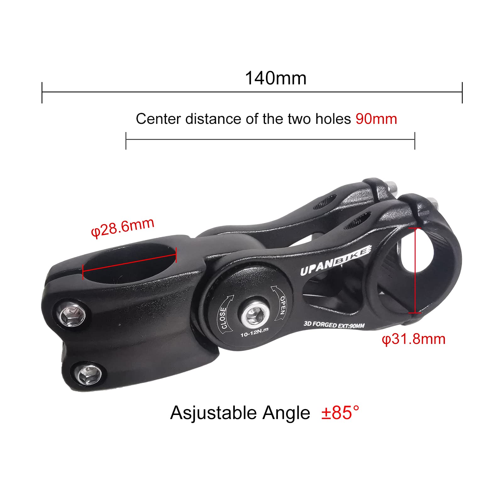 UPANBIKE Bike Stem Adjustable 31.8mm 85 Degree 90mm 110mm 145mm Aluminum Alloy Handlebar Riser Extender Stem for Mountain Bicycle Road Bike MTB(Black,31.8 * 90) - Image 2