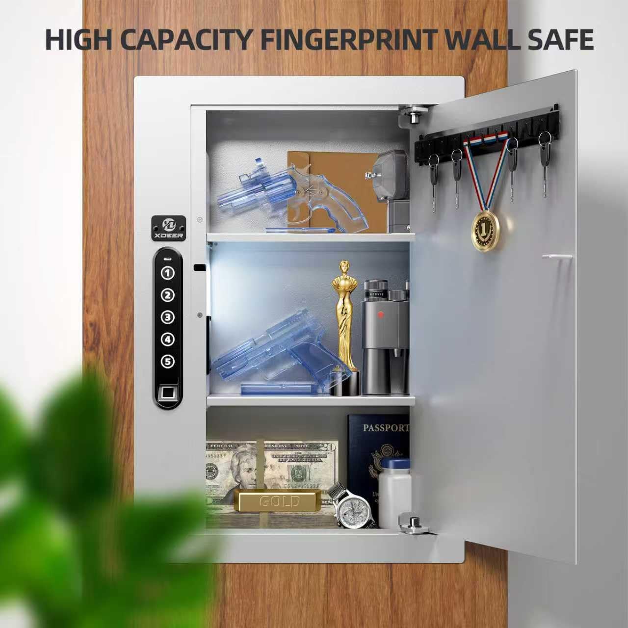 Coffre-fort mural biométrique à accès rapide – Sécurité murale cachée entre les goujons avec empreintes digitales, clavier et entrée de clé pour armes de poing, passeports, objets de valeur (comprend