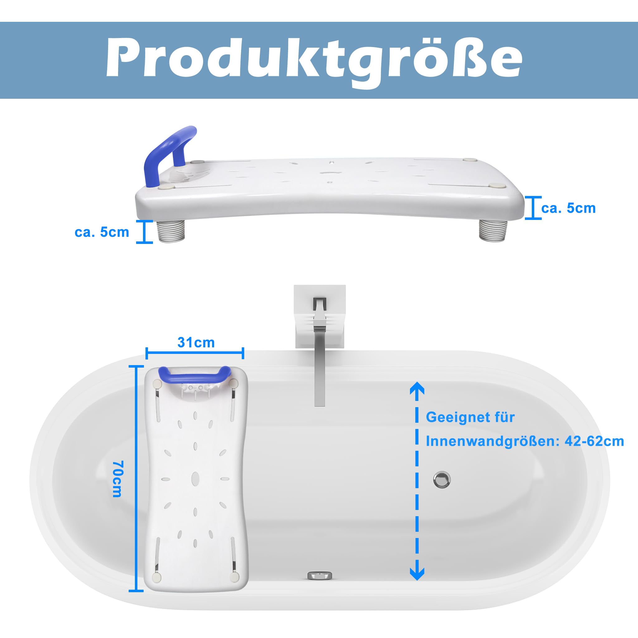LARS360 Badewannenbrett Badewannensitz Senioren Erwachsene Einstellbar Wannenbrett zum Sitzen Brett für Badewanne Sitzbrett Stuhl für Badezimmer Max 150 kg mit Blau Griff, Weiß