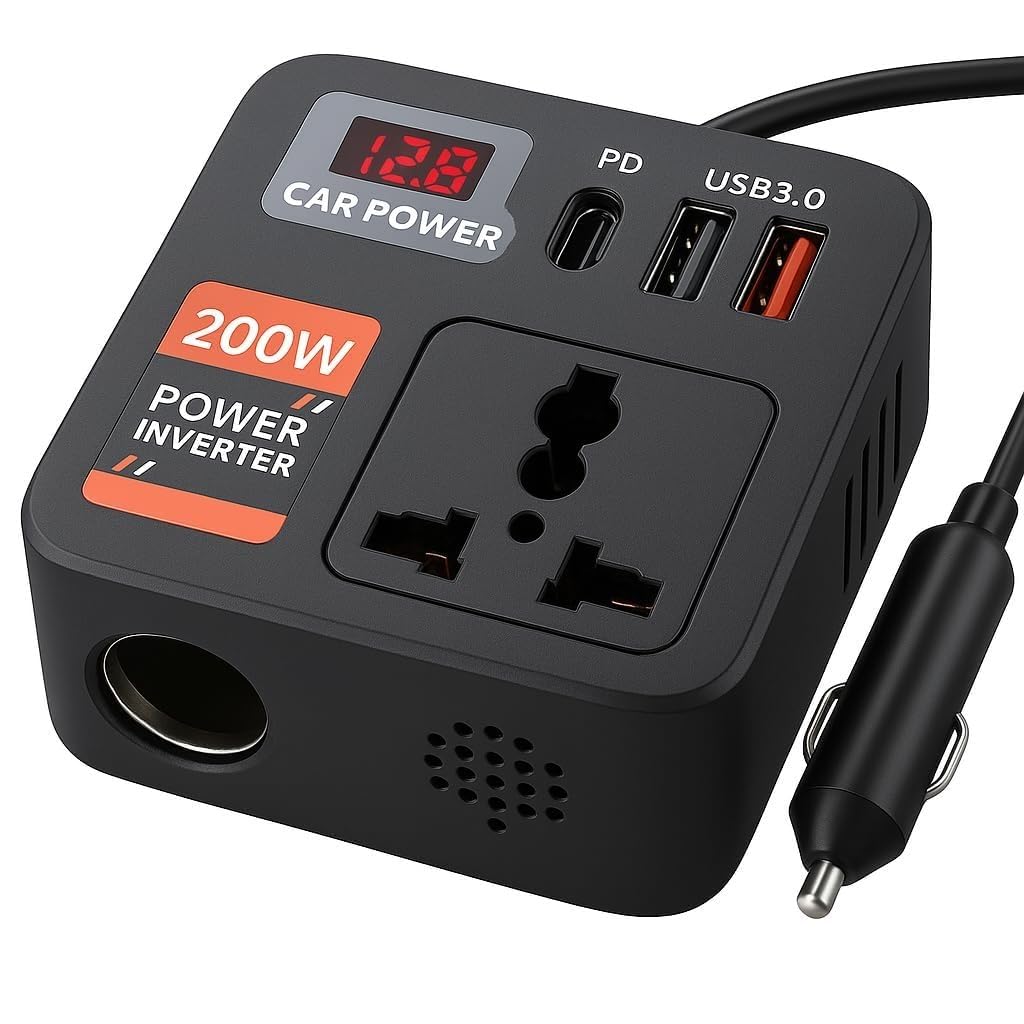 200W Car Power Inverter with 2 USB Ports (18W & 15W QC3.0), 1 USB-C 30W PD, and 2 AC Universal Outlets | 12V DC to 220V AC Converter for Laptop, Phone, and Electronics Charging-image-16