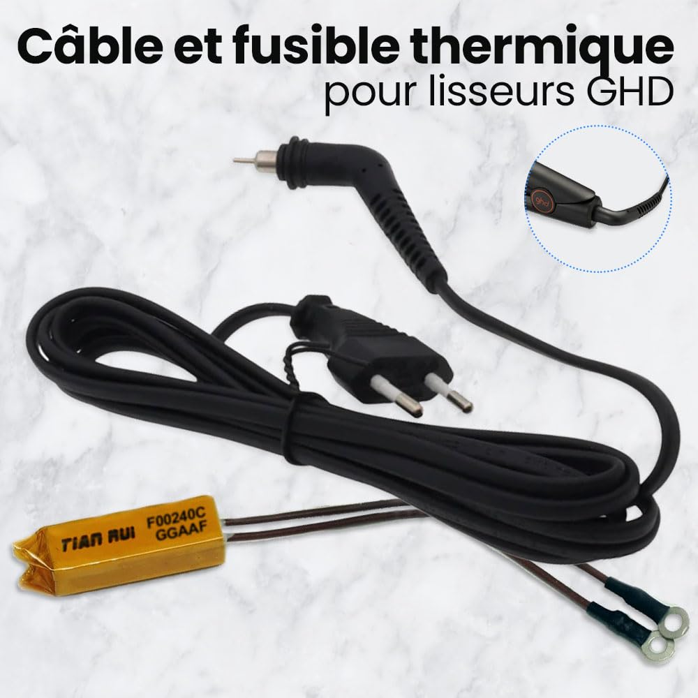 Anakel Home Pack de Rechange de Câble d'alimentation et Fusible Thermique 240 °C Compatible avec Fer à Lisser GHD MK4, MK4.2, MK5 | Câble Rotatif, 1,50 m