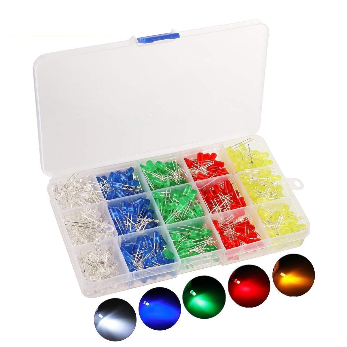 REES52 500pcs LED Diode Lights, 5 Colors×100pcs 5mm Light Emitting Diodes LED Assortment Kit Electronics Components, Diffused Round Light Bulb for Arduino, White Red Orange Green Blue-image-29
