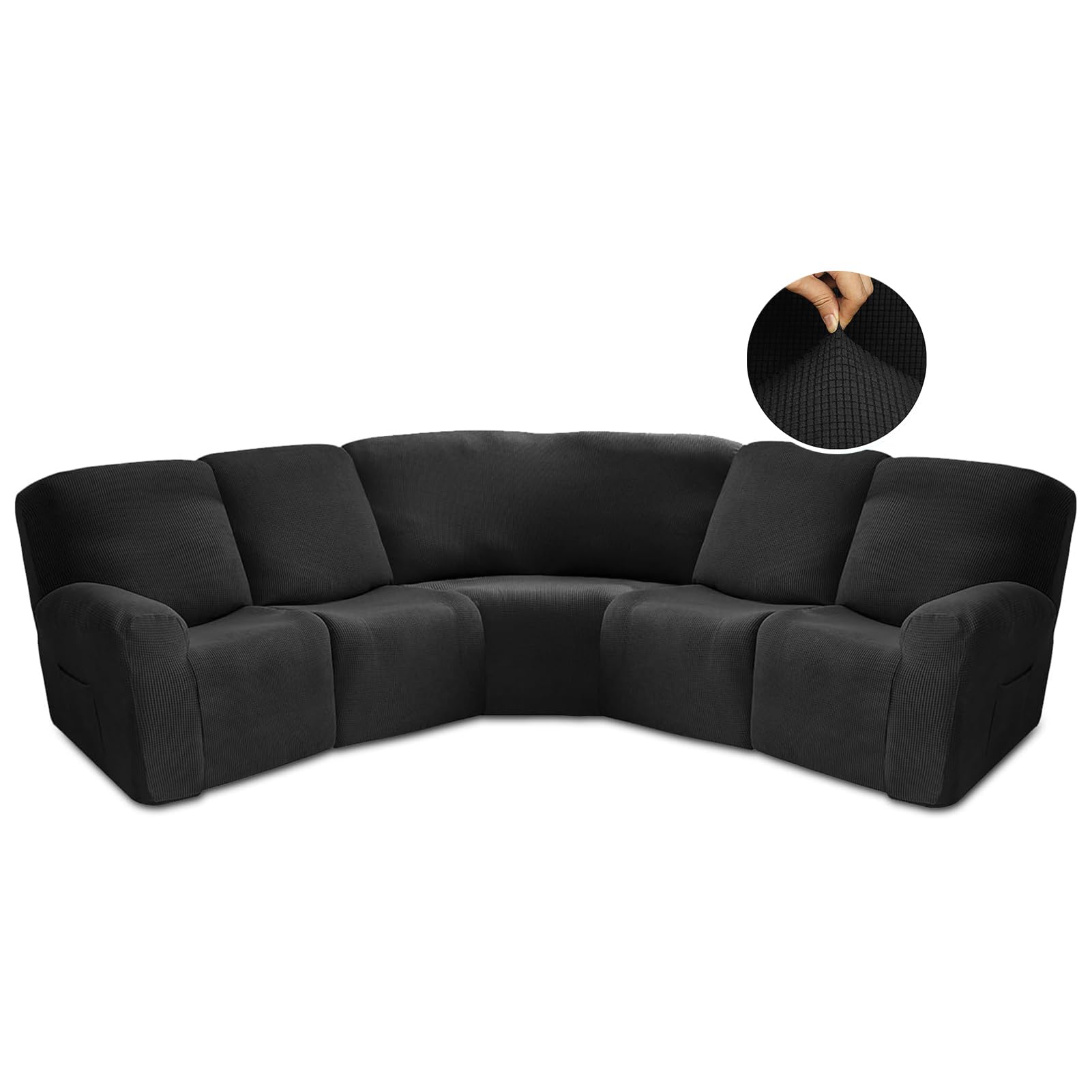 JUNLEBUYI Recliner Slipcover, L Shape Sectional Recliner Sofa Covers, 5 Seater Jacquard Stretch Reclining Couch Covers for Reclining L Shape Sofa, Thick, Soft, Washable (Black)