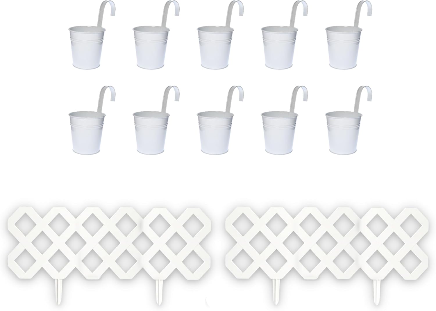 LaLaGreen Bundle- 10 Pack, 4 Inch White Metal Pot + 10 Pack, 8.5 Inch White Plastic Fence Hanging Herb Flower Holder Bucket Rail Fence Outdoor Landscape Decorative Pathway Bed Lawn Edging Garden Decor