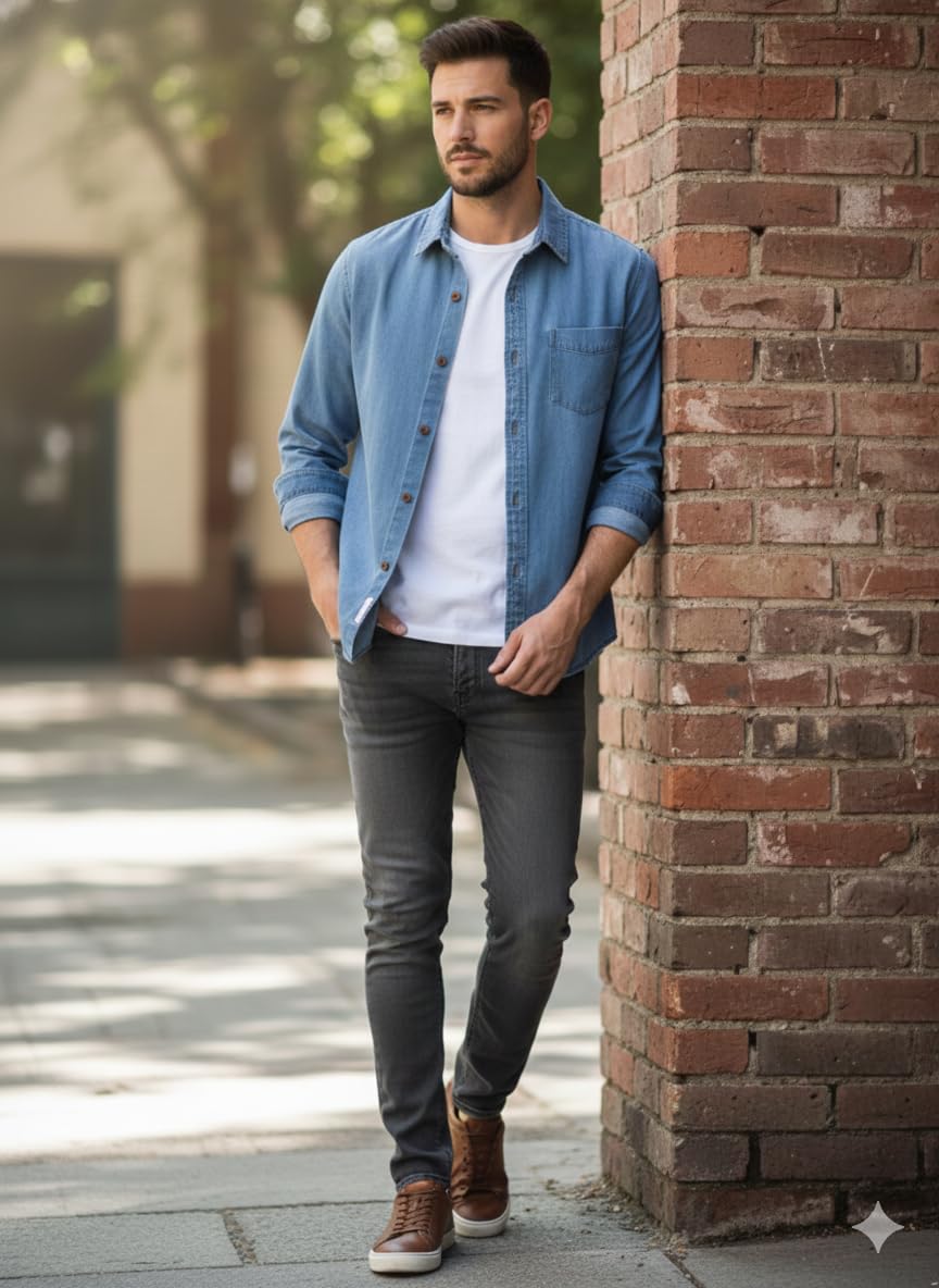 612FdhM9VEL._SL1184_ Men's Denim Shirt, Long Sleeve Button Down Casual Shirt with Chest Pocket