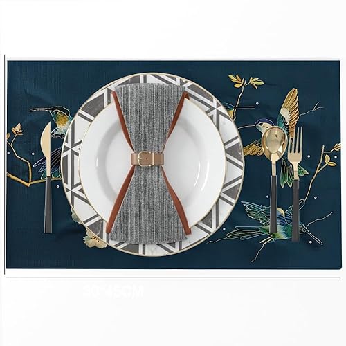 Miniatura 7 de Juego de 4 manteles individuales de 12 x 18 pulgadas, diseño de colibrí azul marinoverde, flores blancas doradas, lavables, gruesos, manteles