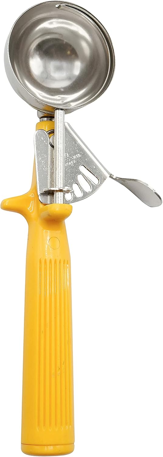 Stainless Steel Ice Cream Scoop with Trigger Lever and Yellow Grip Handle - Aluminum Design Scooper for Cookie Scoop, Italian Ice, Sorbet, Cookie Dough, Gelato (10)