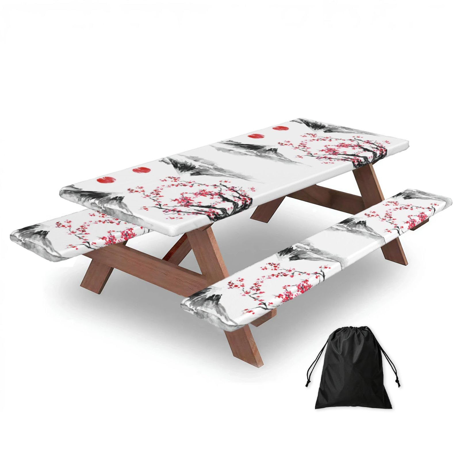 Japanese Mount Red Sun Print 3 Pack Wipeable Picnic Bench Cover And Table Cover Lightweight Table Cloth For Camping Outdoor