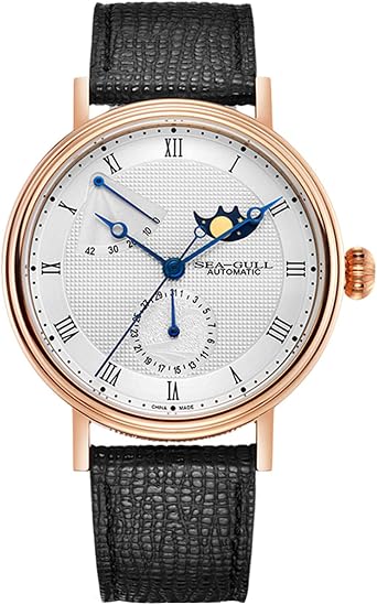 SEA-GULL 2021 New Seagull Mens Automatic Mechanical Watch Business Casual Moon Phase Watch Space Exploration Gift Box Set 819.11.6092, Gold, Strap