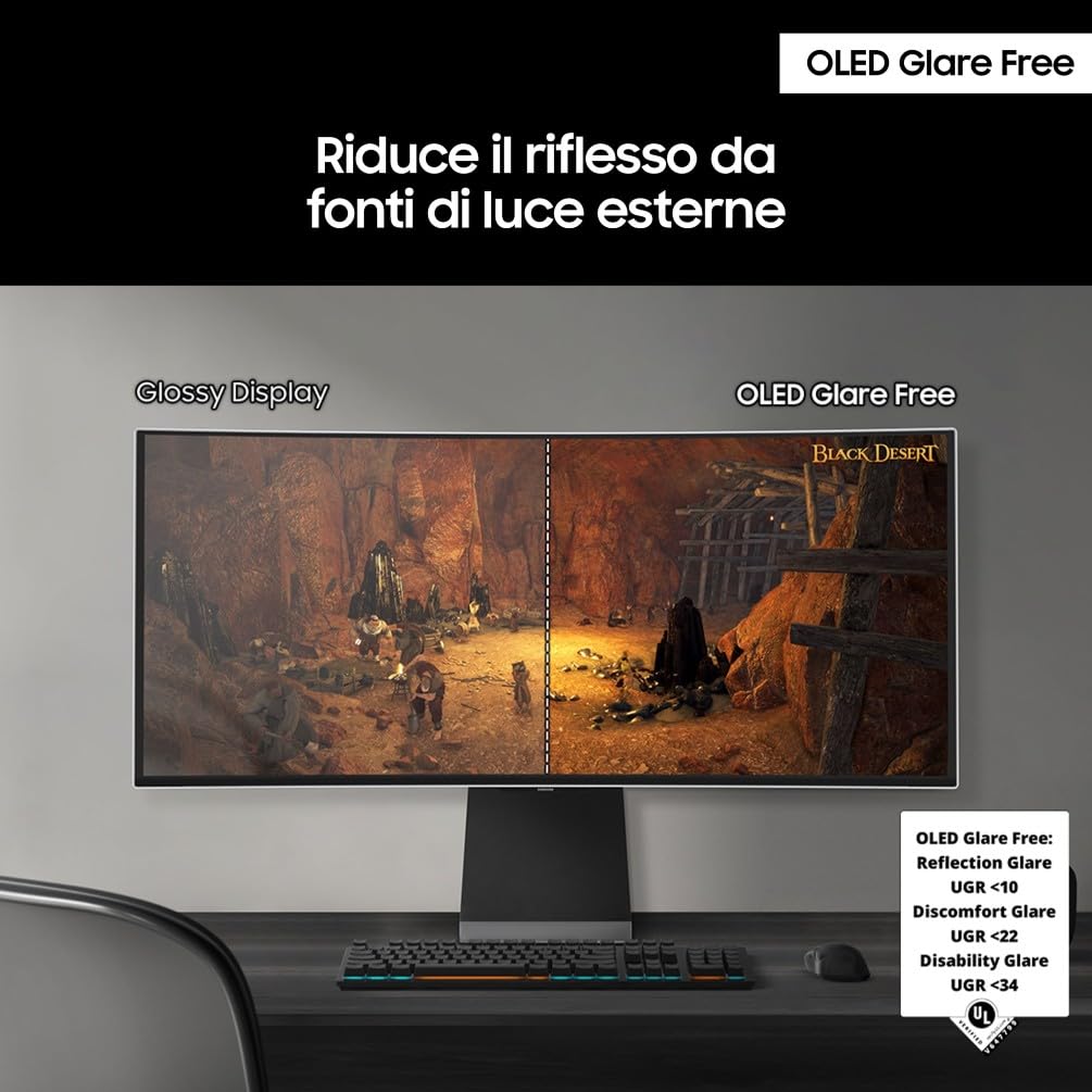 Samsung Monitor Gaming Odyssey OLED G8 (S34DG850), Curvo (1800R), 34'', 3440x1440 (WQHD), 21:9, HDR10+, QD-OLED Glare Free, 175Hz, 0,03ms (GtG), Compatibilità G-Sync, HDMI, USB, DP, WiFi, Casse, HAS