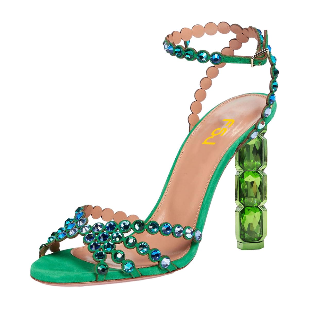 FSJ Women Jeweled High Heel Sandals Rhinestones Diamonds Chunky Block Heel Ankle Strap Buckle Open Toe Fashion Party Evening Wedding Dress Shoes Size