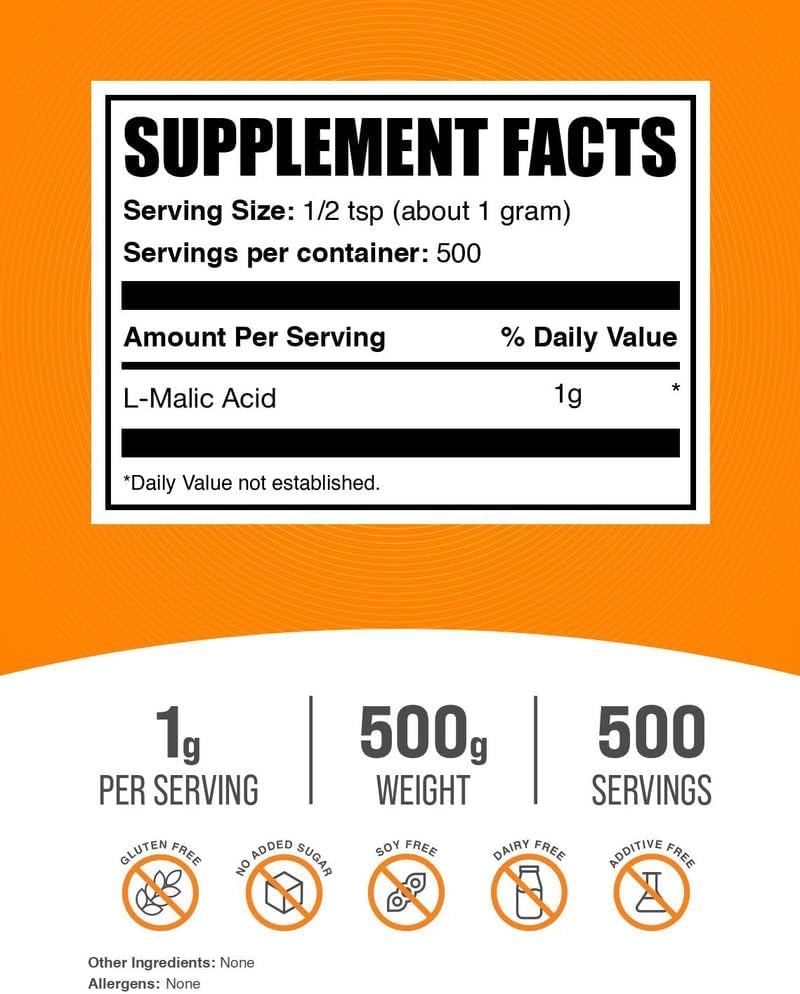 BulkSupplements.com Malic Acid Powder - L-Malic Acid, Dietary Supplement - Food Grade, Pure & Gluten Free, 1g per Serving, 500g (1.1 lbs) (Pack of 1)