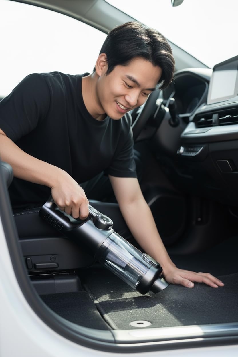 Man cleaning a car interior with the ST-126 Plus handheld vacuum cleaner